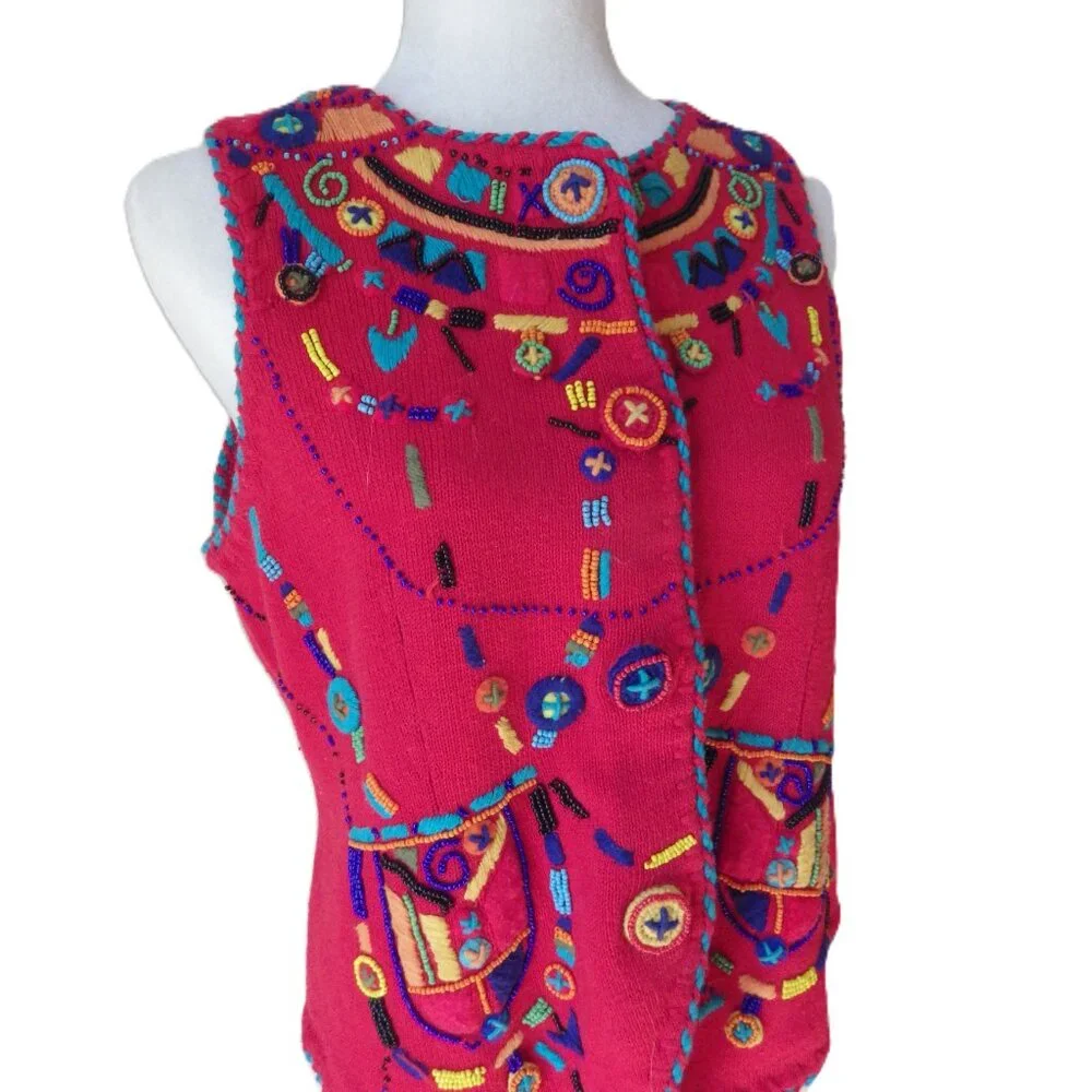 Michael Simon Embellished Red Vest/ Boho/ Beaded & Embroidered/ Size 2 - Picture 3 of 14